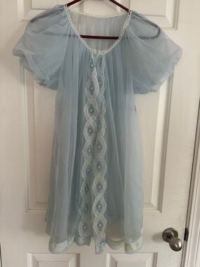 VTG Miss Elaine Sheer Blue Chiffon Babydoll Robe Puff Sleeve Coquette S/M